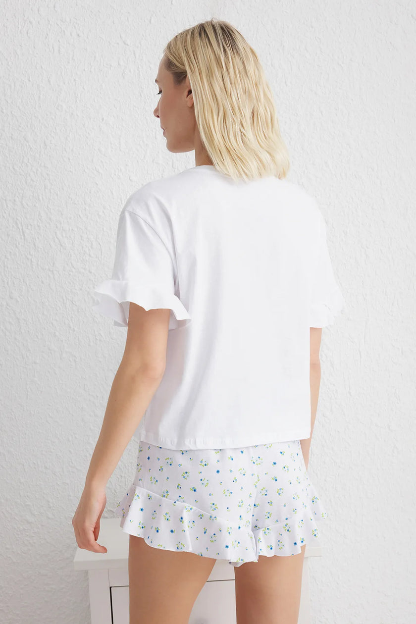 White-Multicolored 100% Cotton Floral and Slogan Flounce Shorts Knitted Pajama Set