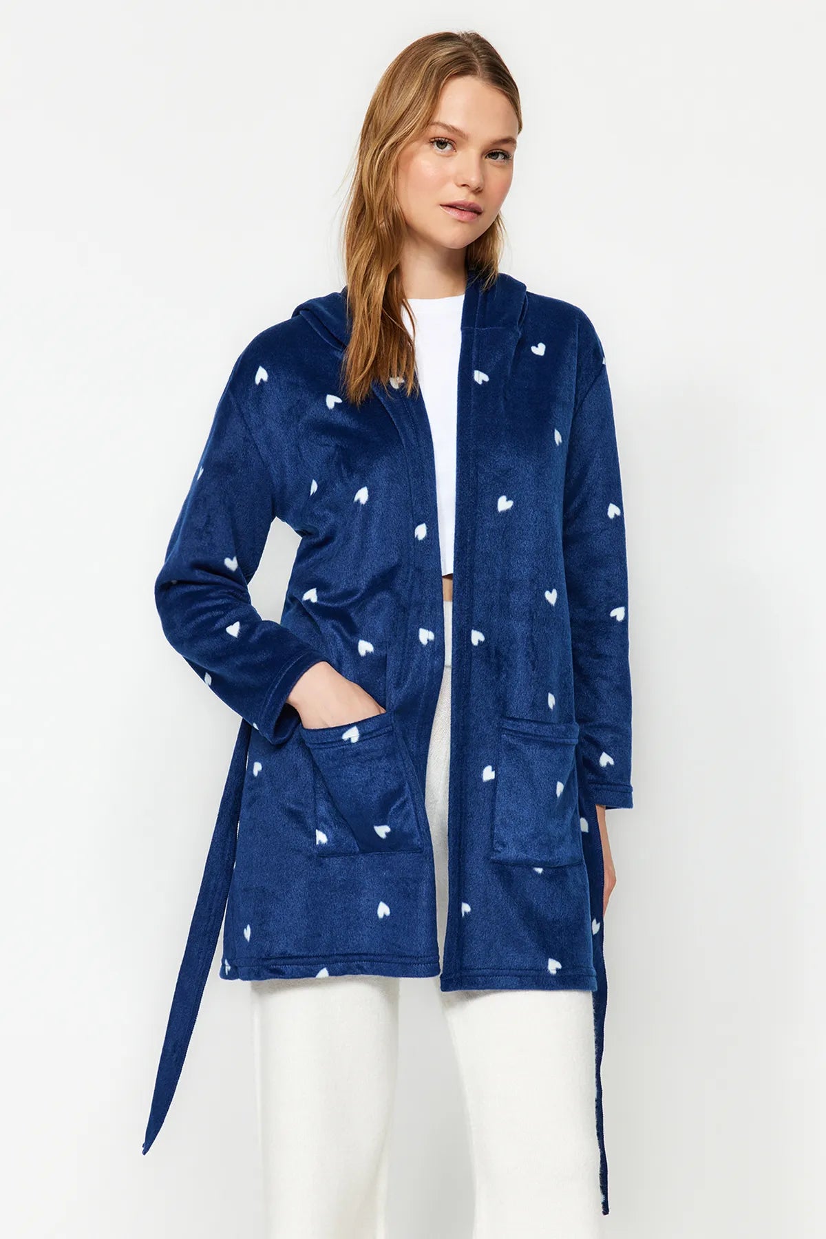 Navy Blue Belted Heart Patterned Pocket and Hood Detailed Polar Winter Knitted Dressing Gown