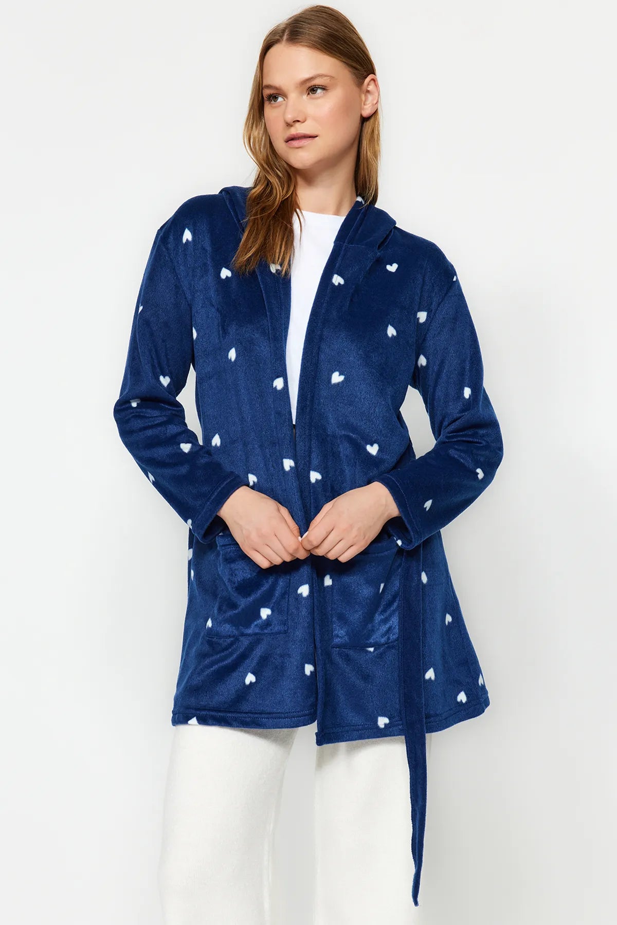 Navy Blue Belted Heart Patterned Pocket and Hood Detailed Polar Winter Knitted Dressing Gown