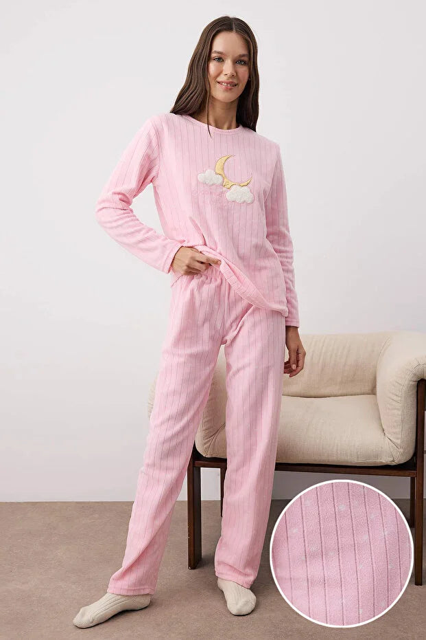 Pink Galaxy Patched Polar Fleece Knit Pajama Set
