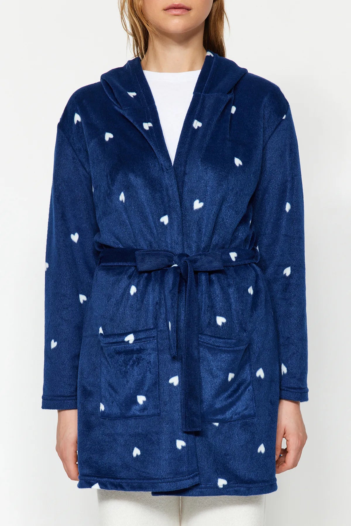 Navy Blue Belted Heart Patterned Pocket and Hood Detailed Polar Winter Knitted Dressing Gown