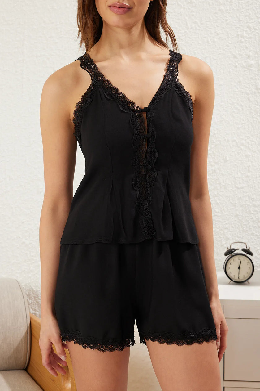Black Lace and Button Detailed Viscose Shorts Woven Pajama Set