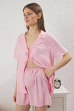 Pink Bow/Tie Viscose Shorts Maternity Woven Pajama Set