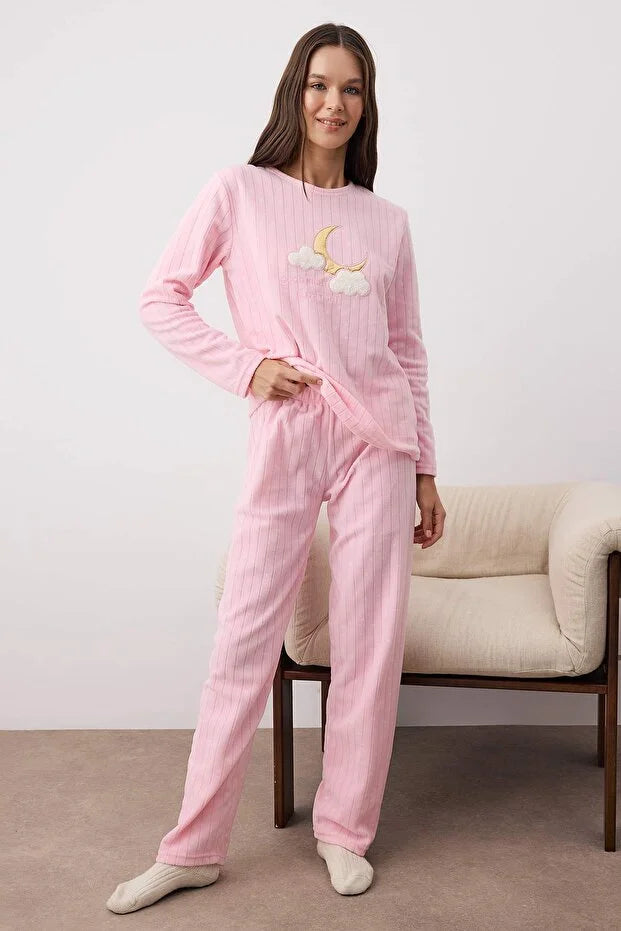 Pink Galaxy Patched Polar Fleece Knit Pajama Set