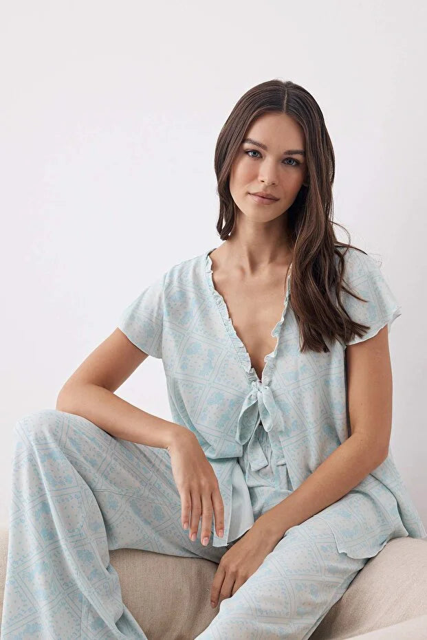 Light Blue Ethnic Patterned Ruffle and Tie Detailed Woven Pajama Set
