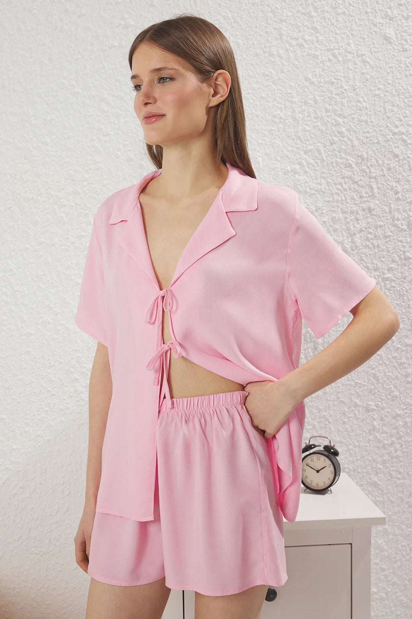 Pink Bow/Tie Viscose Shorts Maternity Woven Pajama Set