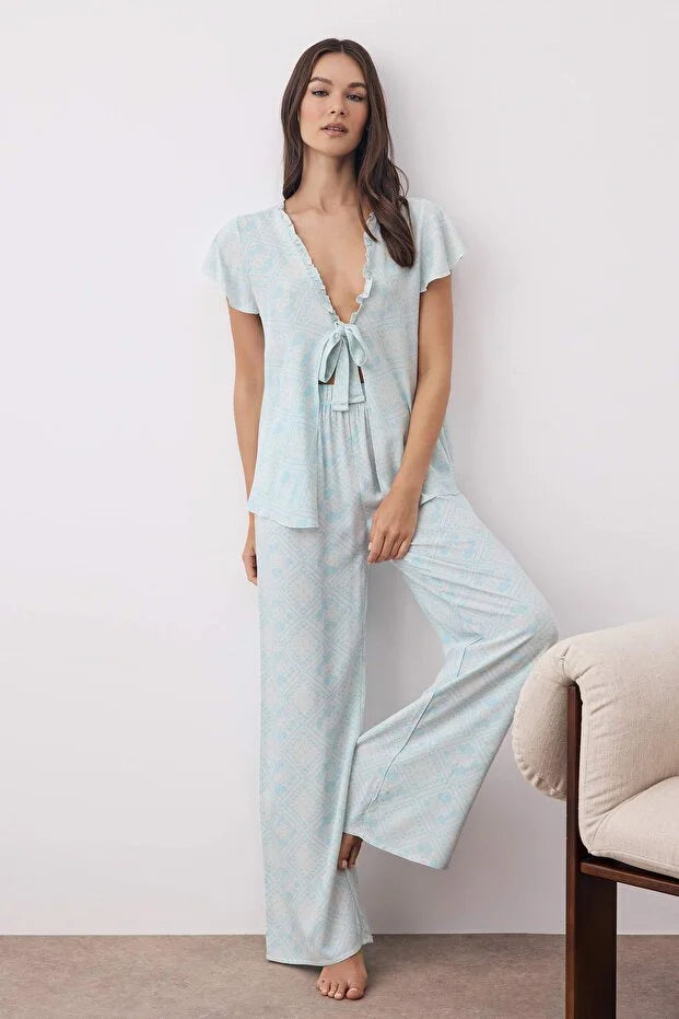 Light Blue Ethnic Patterned Ruffle and Tie Detailed Woven Pajama Set