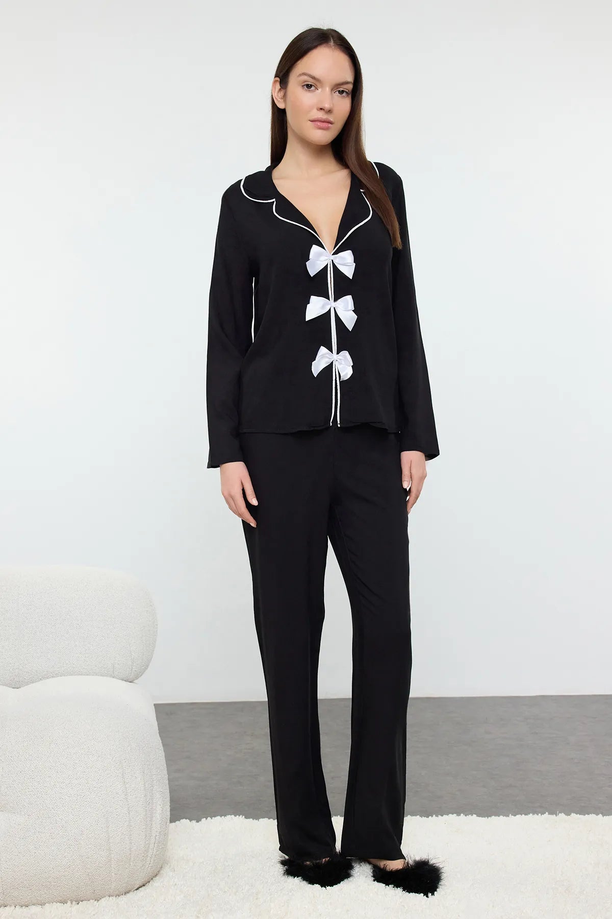 Black Ribbon Bow and Piping Detailed Viscose Woven Pajama Set