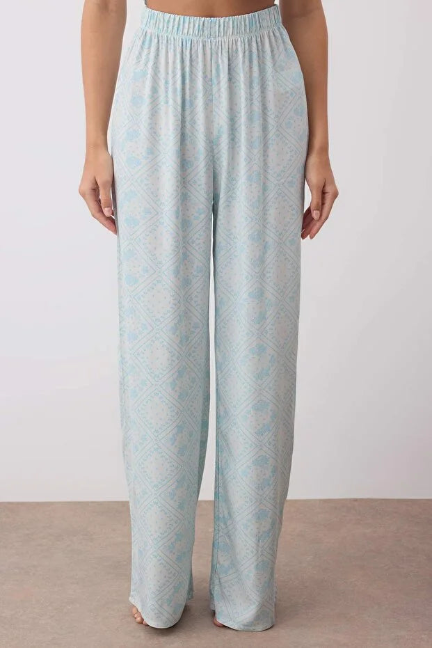 Light Blue Ethnic Patterned Ruffle and Tie Detailed Woven Pajama Set