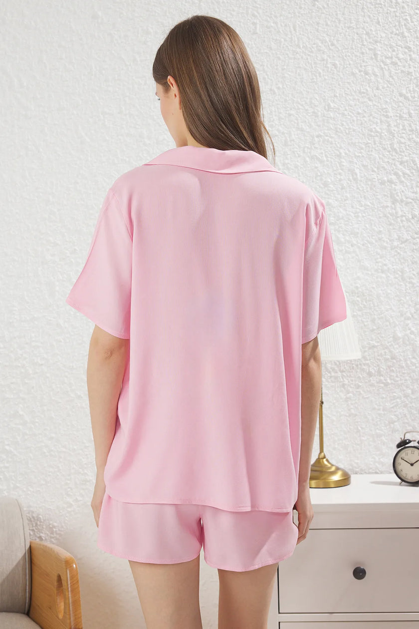 Pink Bow/Tie Viscose Shorts Maternity Woven Pajama Set