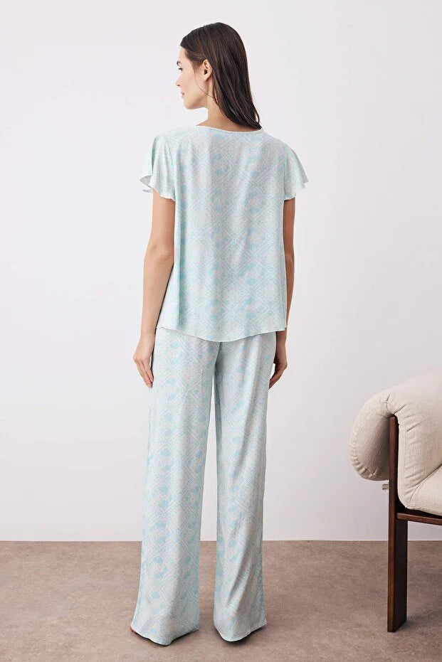 Light Blue Ethnic Patterned Ruffle and Tie Detailed Woven Pajama Set