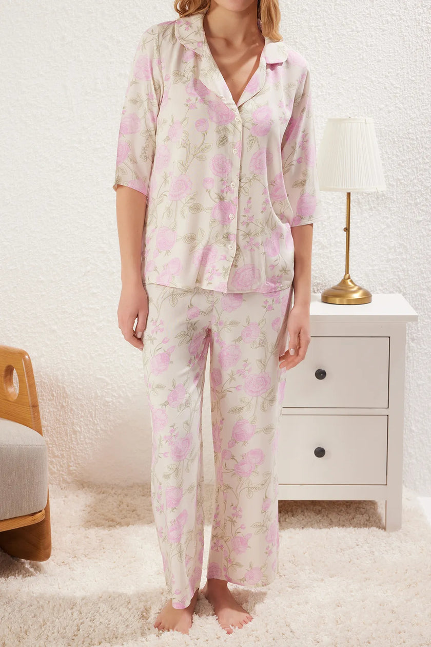 Multicolored Floral Viscose Woven Pajama Set
