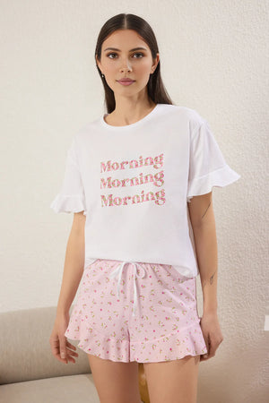 Pink-Multicolored 100% Cotton Floral and Slogan Flounce Shorts Knitted Pajama Set
