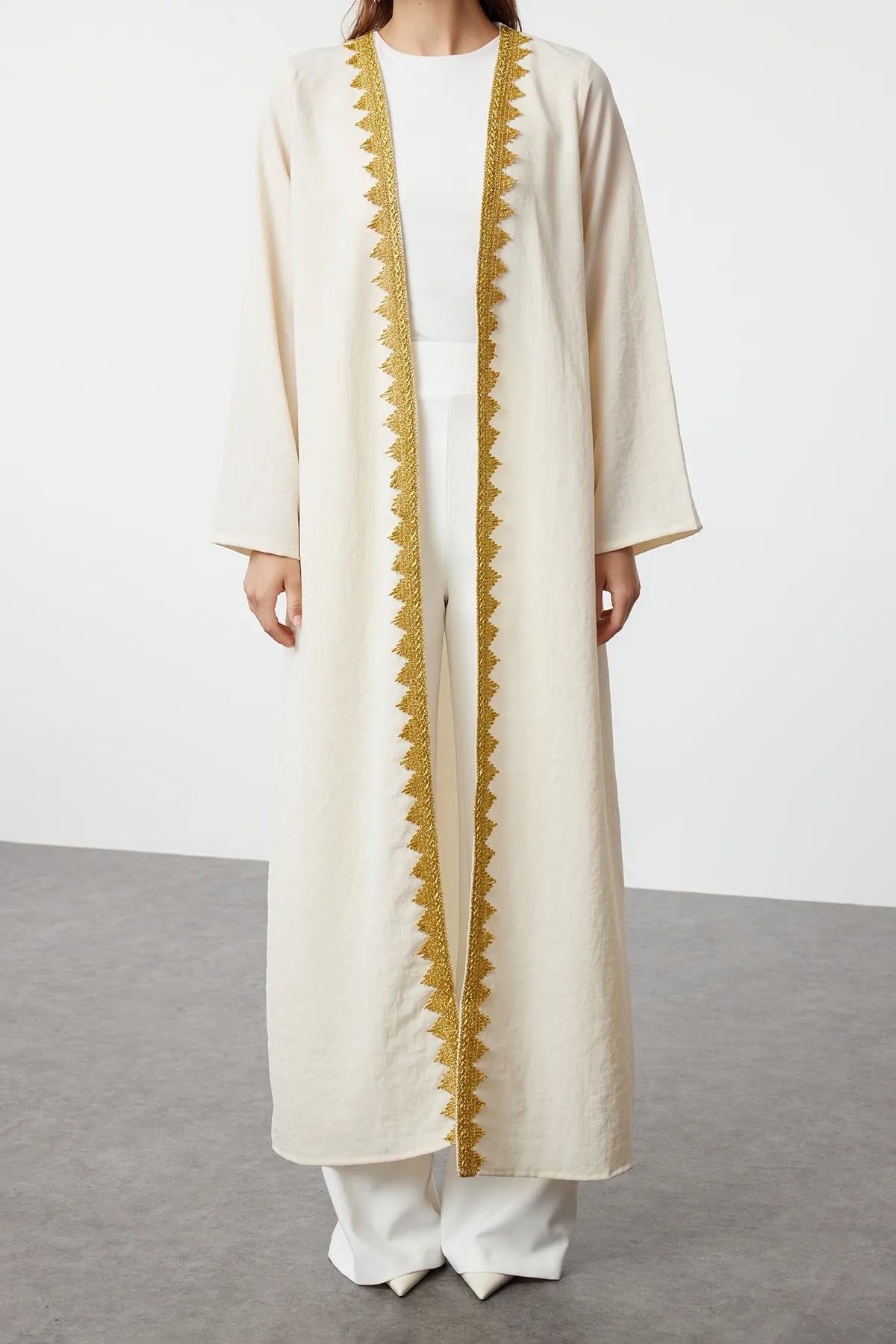 Light Beige Gold Embroidery Detailed Woven Cape &amp; Abaya