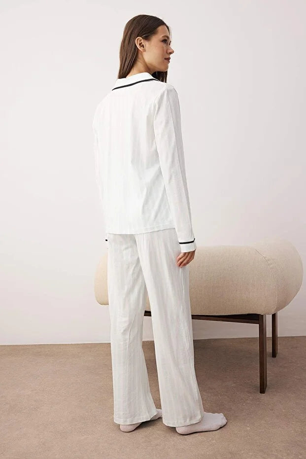 Light Blue 100% Cotton Striped Piping Detailed Knit Pajama Set