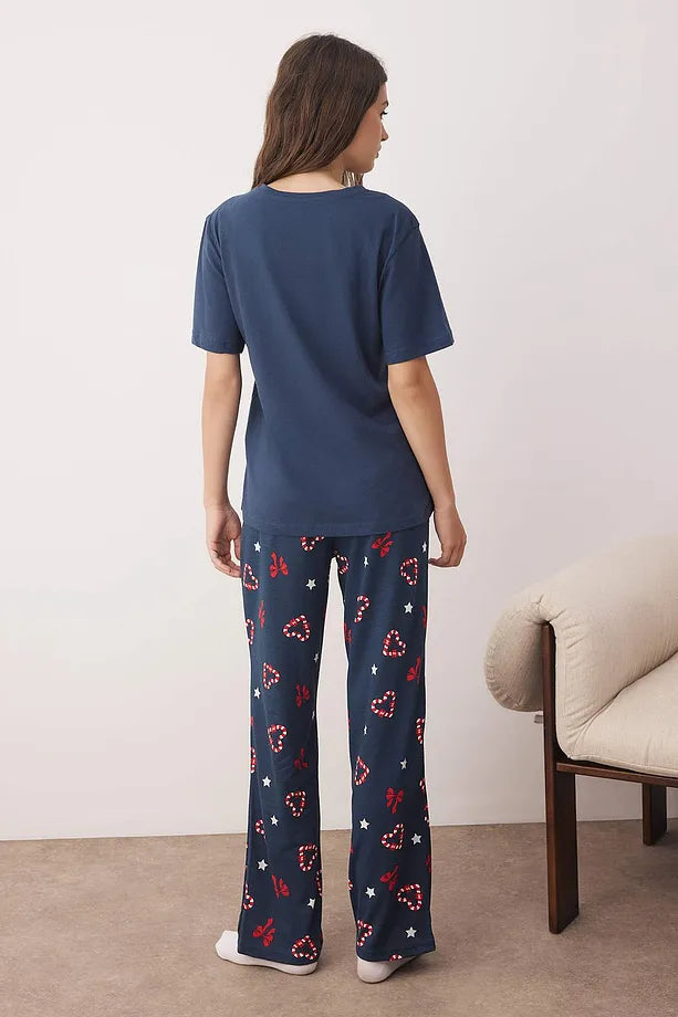 Navy Blue Christmas-Themed Heart Knitted Pajama Set