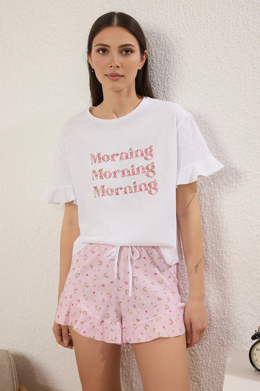 Pink-Multicolored 100% Cotton Floral and Slogan Flounce Shorts Knitted Pajama Set