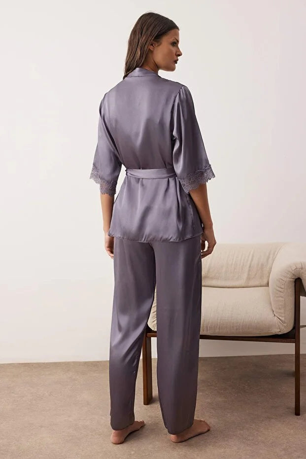 Anthracite Plain Satin Weave Pajama Set
