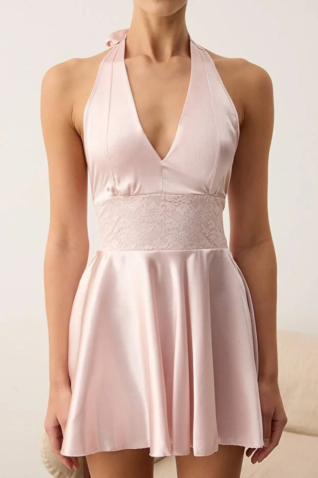 Satin-Woven Nightgown with Pink Lace Detail