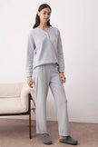 Gray Melange Buttoned Waffle Fabric Knit Pajama Set