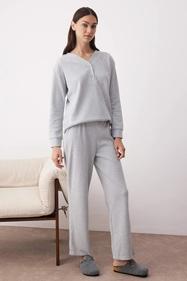Gray Melange Buttoned Waffle Fabric Knit Pajama Set