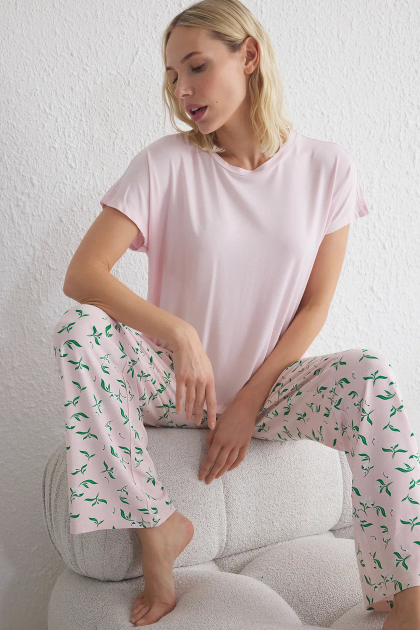 Pink Floral Knitted Pajama Set