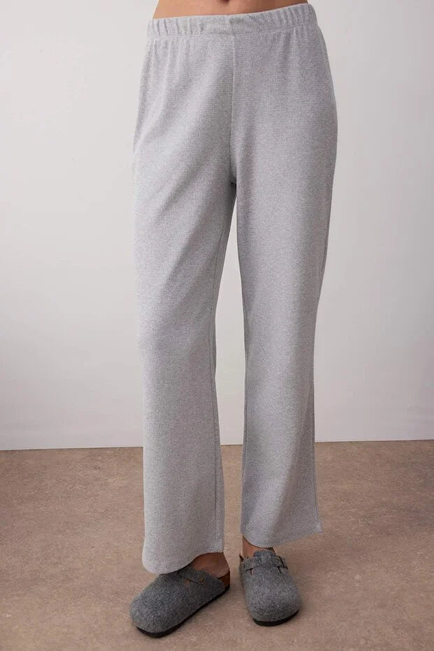 Gray Melange Buttoned Waffle Fabric Knit Pajama Set