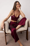 Burgundy 3-Piece Dowry Set: Lace Top, Satin Bottom, and Woven Pajama Set with Suspender Panties