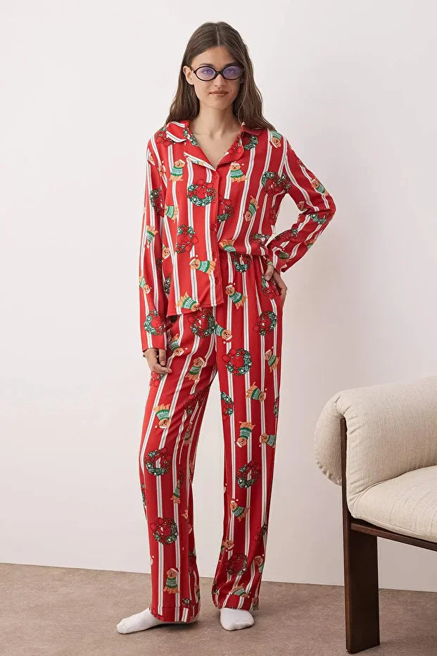 Burgundy Dog Printed Christmas-Themed Viscose Woven Pajama Set