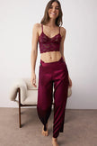 Burgundy 3-Piece Dowry Set: Lace Top, Satin Bottom, and Woven Pajama Set with Suspender Panties