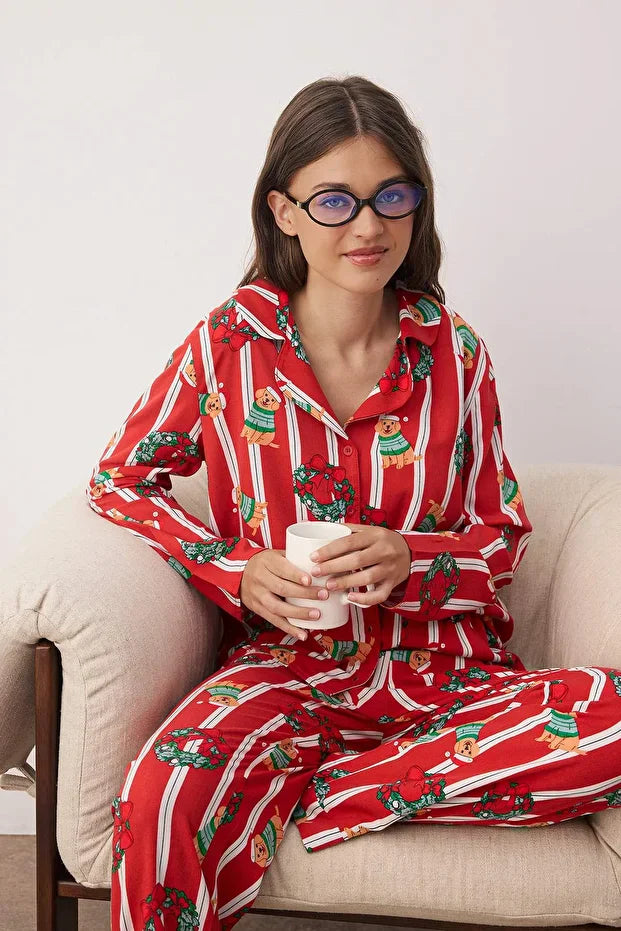 Burgundy Dog Printed Christmas-Themed Viscose Woven Pajama Set