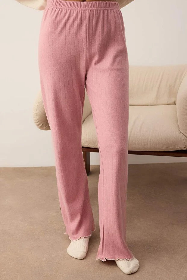 Offwhite-Pink Heart Embroidered Baby Overlock Ribbed Winter Knit Pajama Set