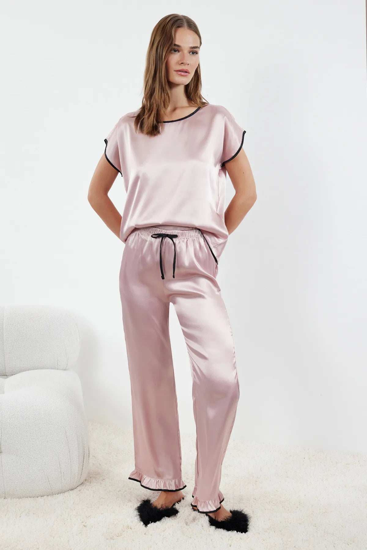 Pink Ruffle, Tie and Piping Detail Satin Woven Pajama Set