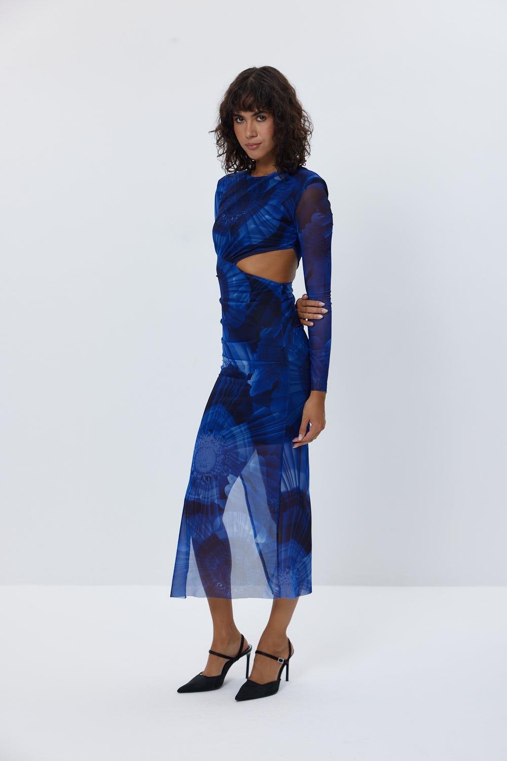 Patterned Waist Low-Cut Dark Blue Long Tulle Dress