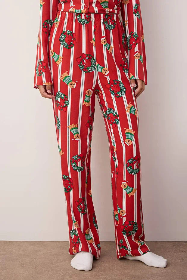 Burgundy Dog Printed Christmas-Themed Viscose Woven Pajama Set