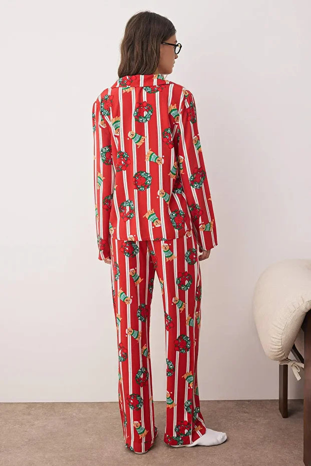 Burgundy Dog Printed Christmas-Themed Viscose Woven Pajama Set