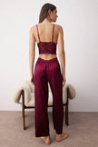 Burgundy 3-Piece Dowry Set: Lace Top, Satin Bottom, and Woven Pajama Set with Suspender Panties