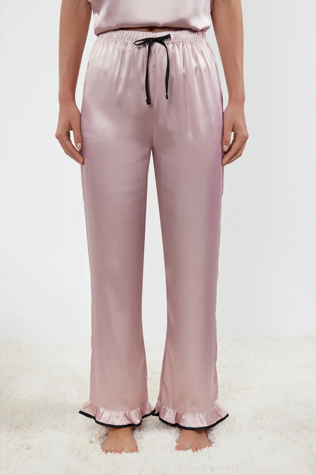 Pink Ruffle, Tie and Piping Detail Satin Woven Pajama Set