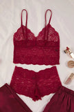 Burgundy 3-Piece Dowry Set: Lace Top, Satin Bottom, and Woven Pajama Set with Suspender Panties