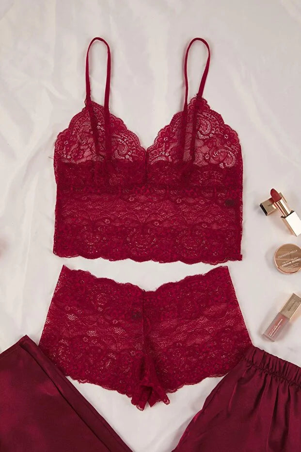 Burgundy 3-Piece Dowry Set: Lace Top, Satin Bottom, and Woven Pajama Set with Suspender Panties