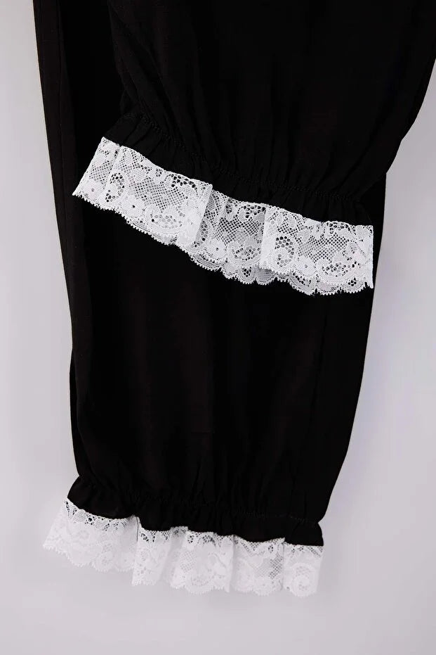 Black Lace Detail Woven Viscose Pajama Set