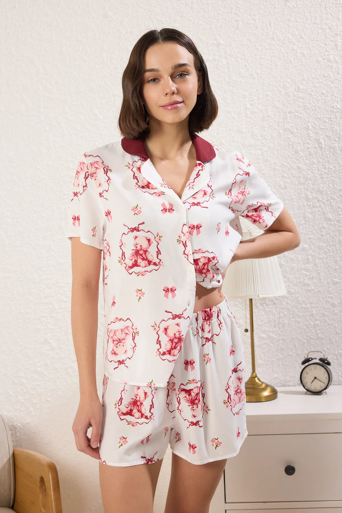 Multicolored Teddy Bear and Ribbon/Bow Patterned Viscose Shorts Woven Pajama Set
