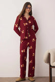 Burgundy Teddy Bear Christmas-Themed Knitted Pajama Set with Piping