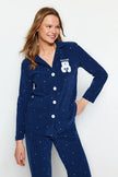 Navy Blue Polka Dot Animal Print Fleece Winter Knit Pajama Set