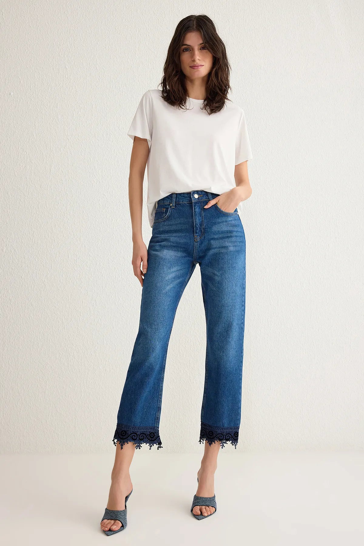 Blue More Sustainable Lace Detailed Normal Waist Straight Jeans