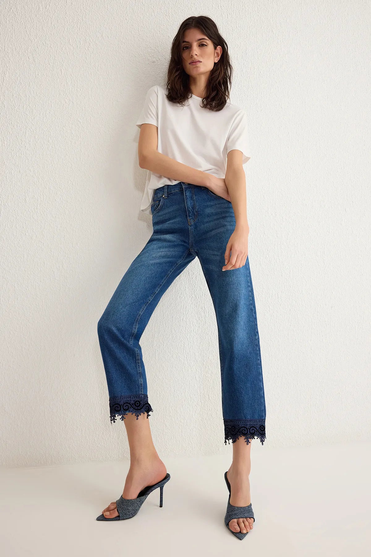 Blue More Sustainable Lace Detailed Normal Waist Straight Jeans