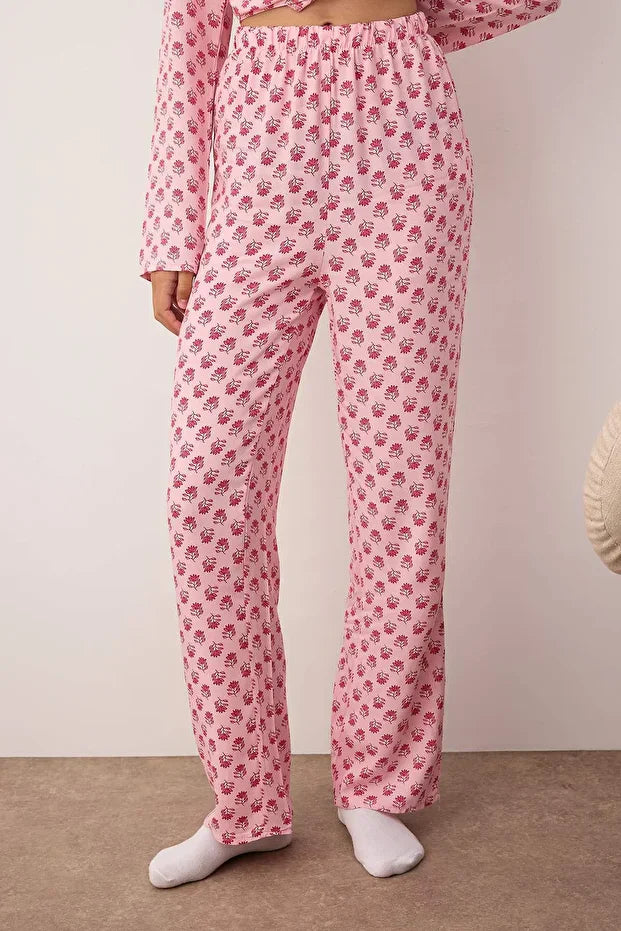 Pink Floral Shally Woven Pajama Set