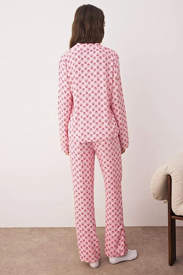 Pink Floral Shally Woven Pajama Set
