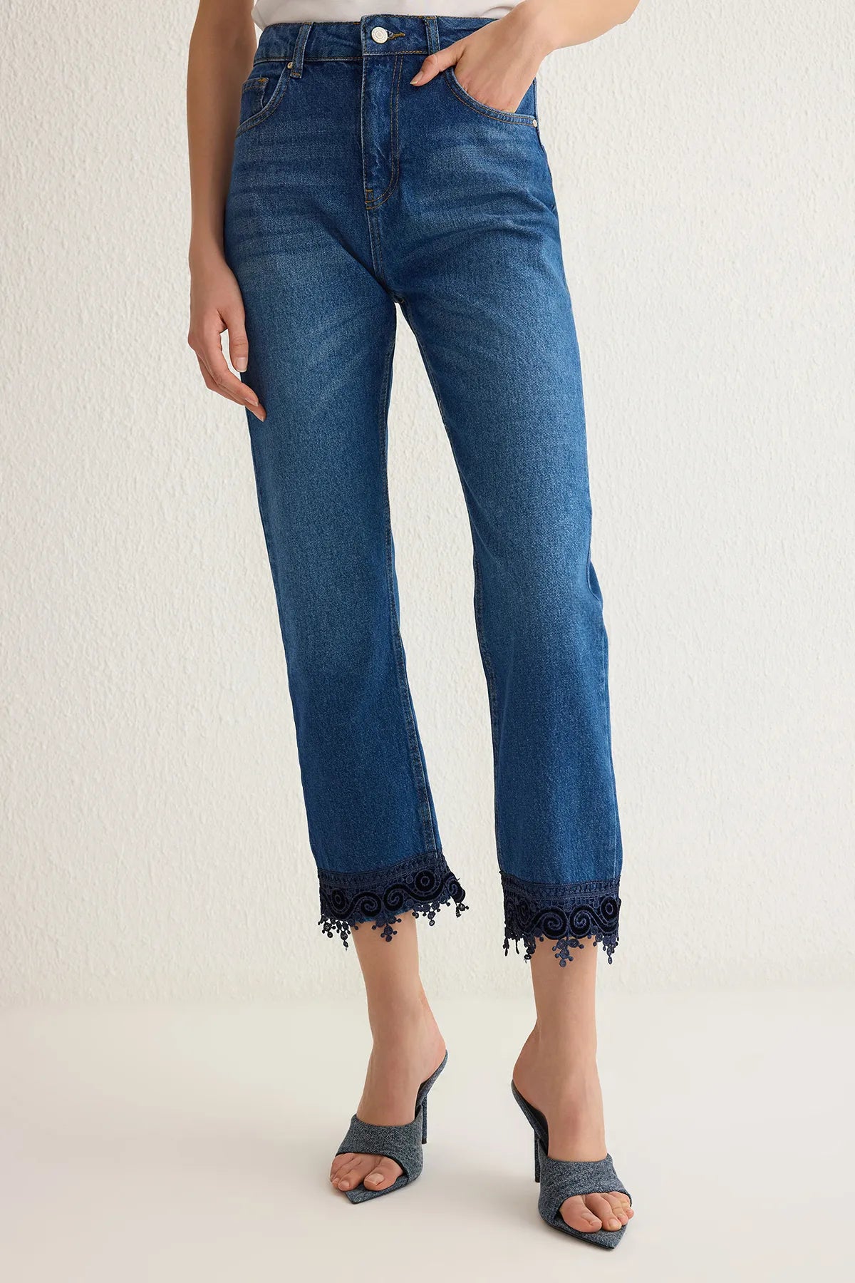 Blue More Sustainable Lace Detailed Normal Waist Straight Jeans