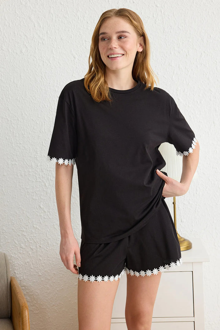 Black 100% Cotton Daisy Stripe Detailed Shorts Knitted Pajama Set